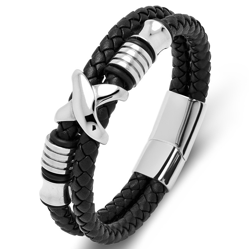 Men's Braided Leather Bracelet X-Beads Wristband Cuff Bracelet for Men Gifts Stainless Steel Clasp