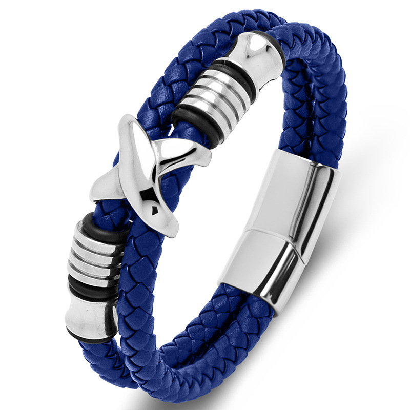 Men's Braided Leather Bracelet X-Beads Wristband Cuff Bracelet for Men Gifts Stainless Steel Clasp