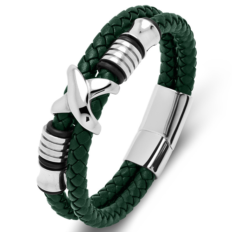 Men's Braided Leather Bracelet X-Beads Wristband Cuff Bracelet for Men Gifts Stainless Steel Clasp