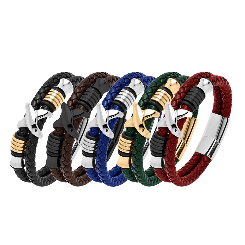 Men's Braided Leather Bracelet X-Beads Wristband Cuff Bracelet for Men Gifts Stainless Steel Clasp