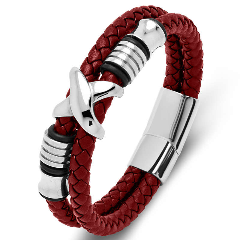 Men's Braided Leather Bracelet X-Beads Wristband Cuff Bracelet for Men Gifts Stainless Steel Clasp