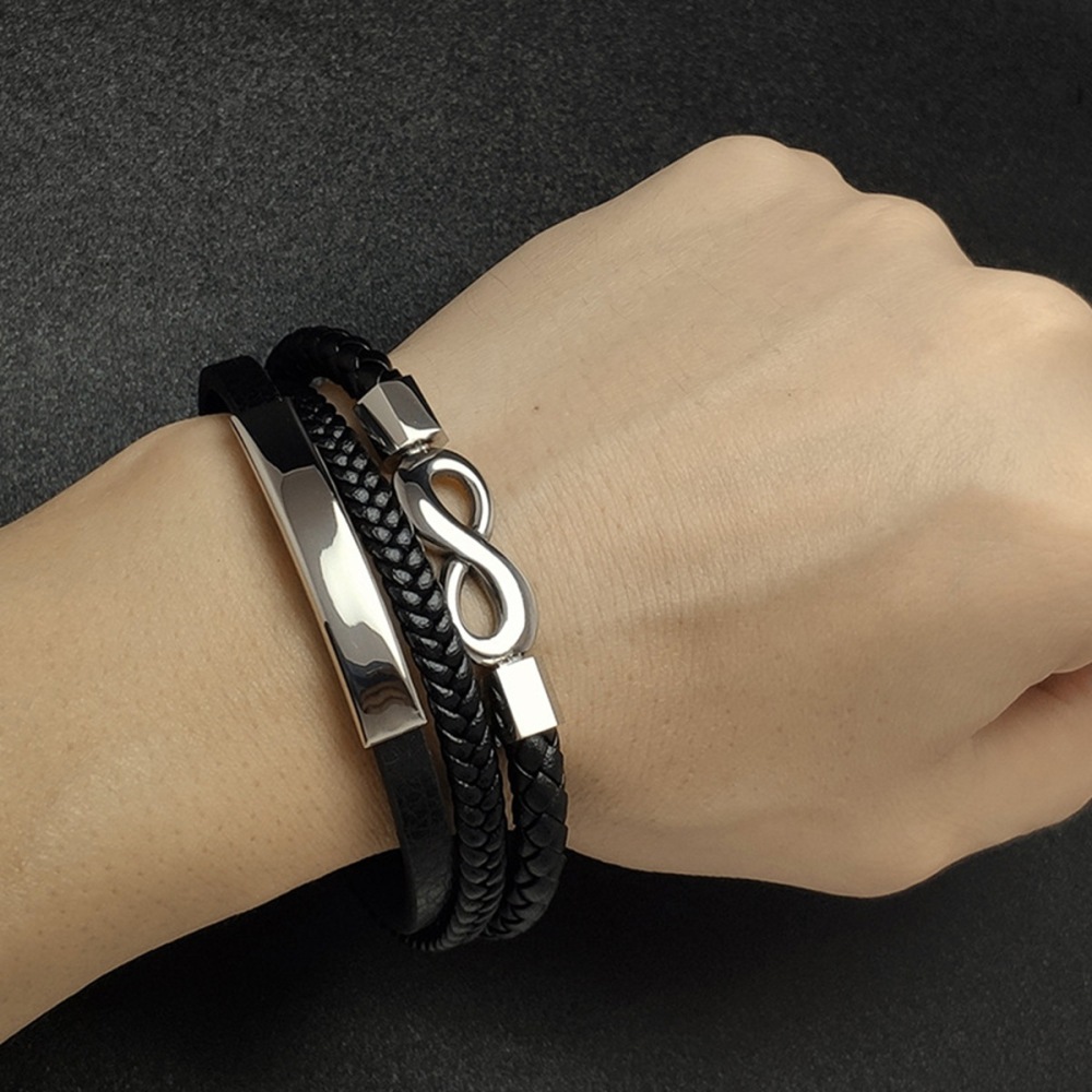 Men's Multi-Layer Braided Leather Bracelet Stainless Steel Clasp Wristband Cuff Rope Bangle for Men Gifts