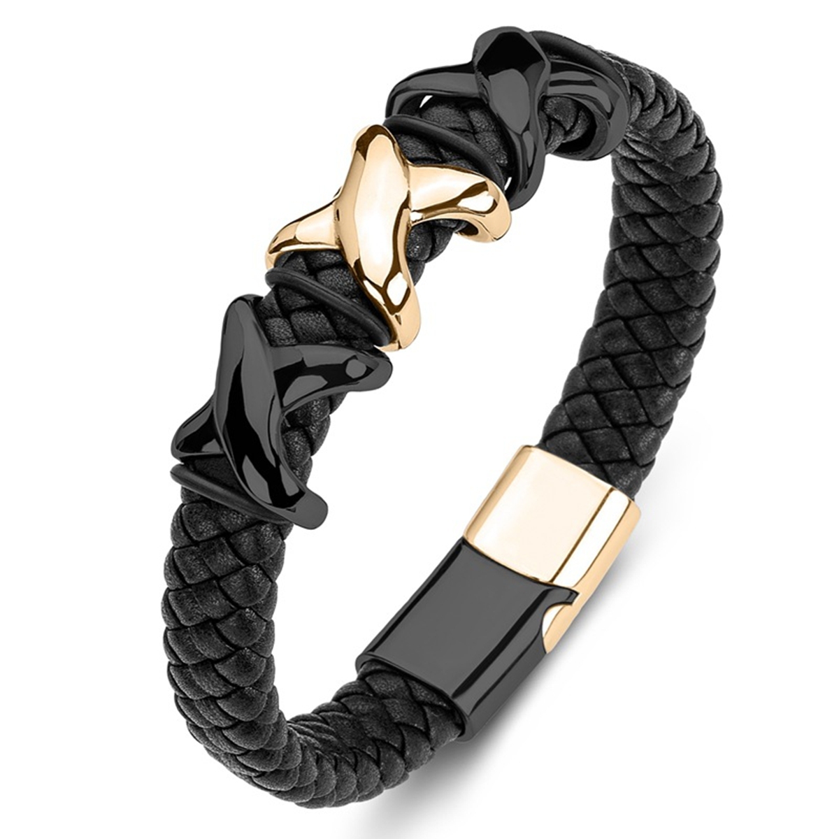 Men's Braided Leather Bracelet X-Style Beads Stainless Steel Clasp Wristband Cuff Rope Bangle for Men Gifts SB2333S