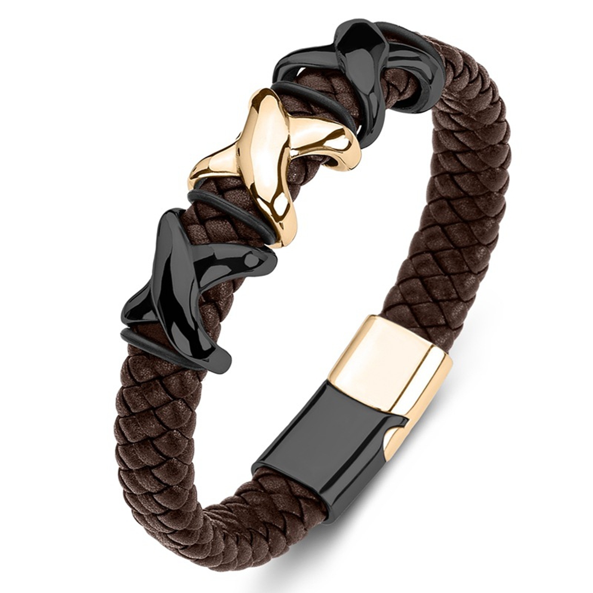 Men's Braided Leather Bracelet X-Style Beads Stainless Steel Clasp Wristband Cuff Rope Bangle for Men Gifts SB2333S