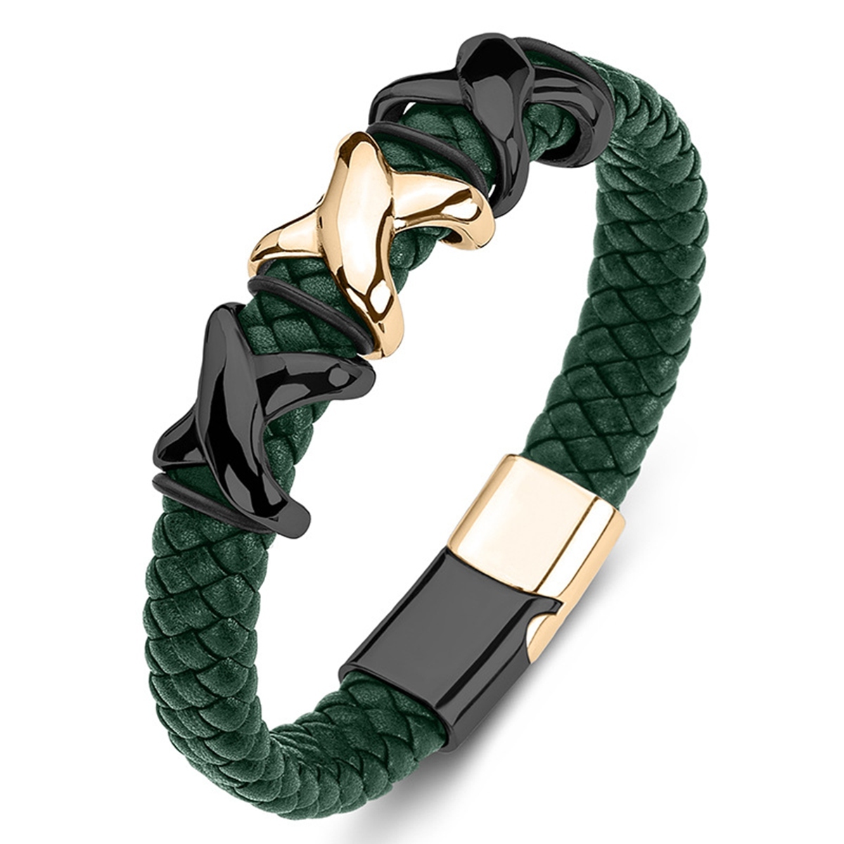 Men's Braided Leather Bracelet X-Style Beads Stainless Steel Clasp Wristband Cuff Rope Bangle for Men Gifts SB2333S