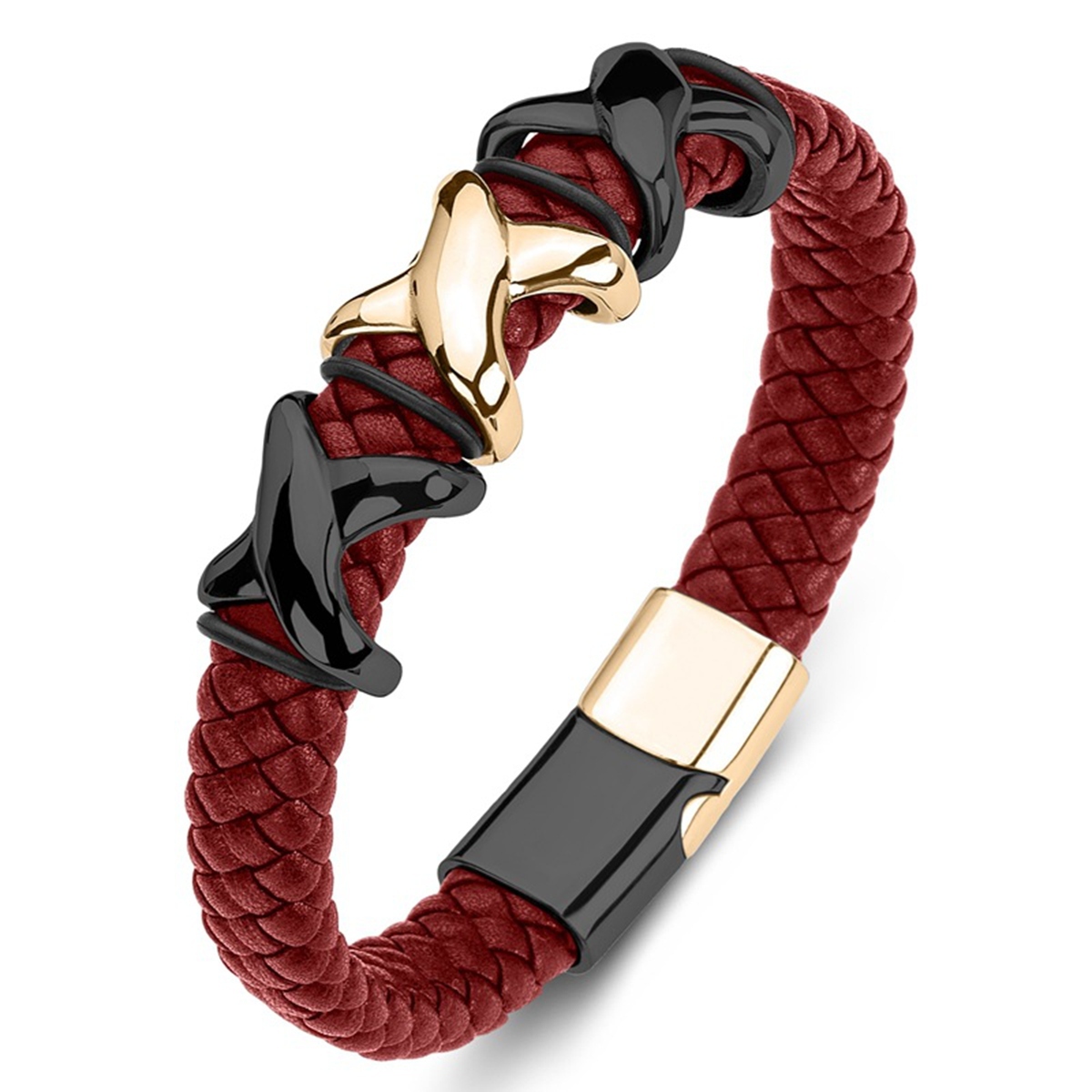 Men's Braided Leather Bracelet X-Style Beads Stainless Steel Clasp Wristband Cuff Rope Bangle for Men Gifts SB2333S