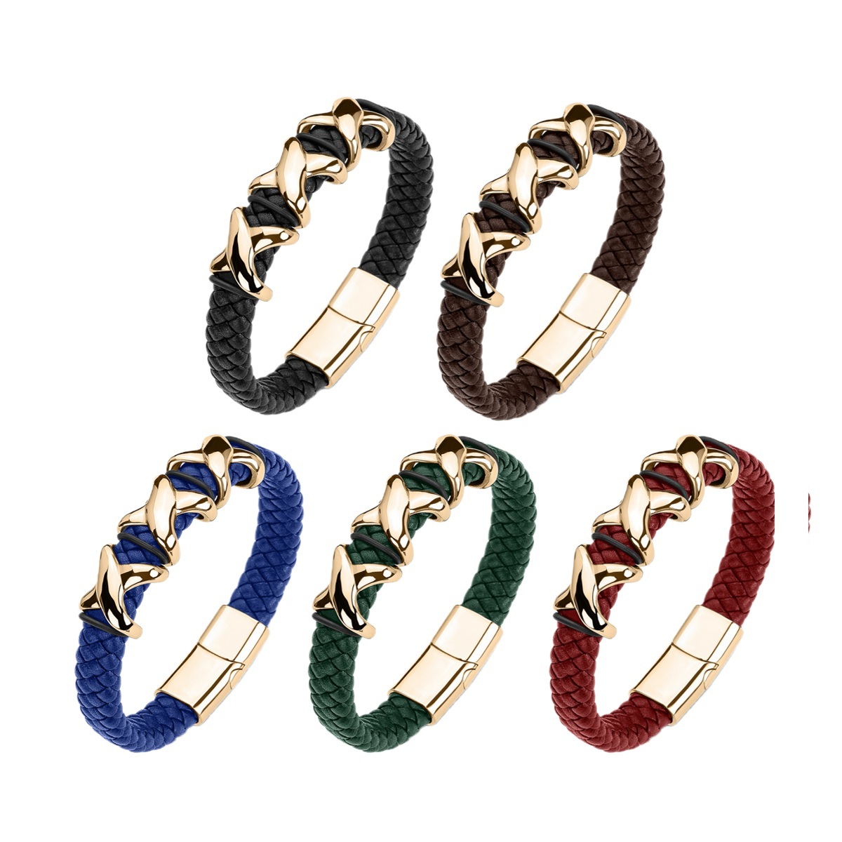 Men's Braided Leather Bracelet X-Style Beads Stainless Steel Clasp Wristband Cuff Rope Bangle for Men Gifts SB2333S