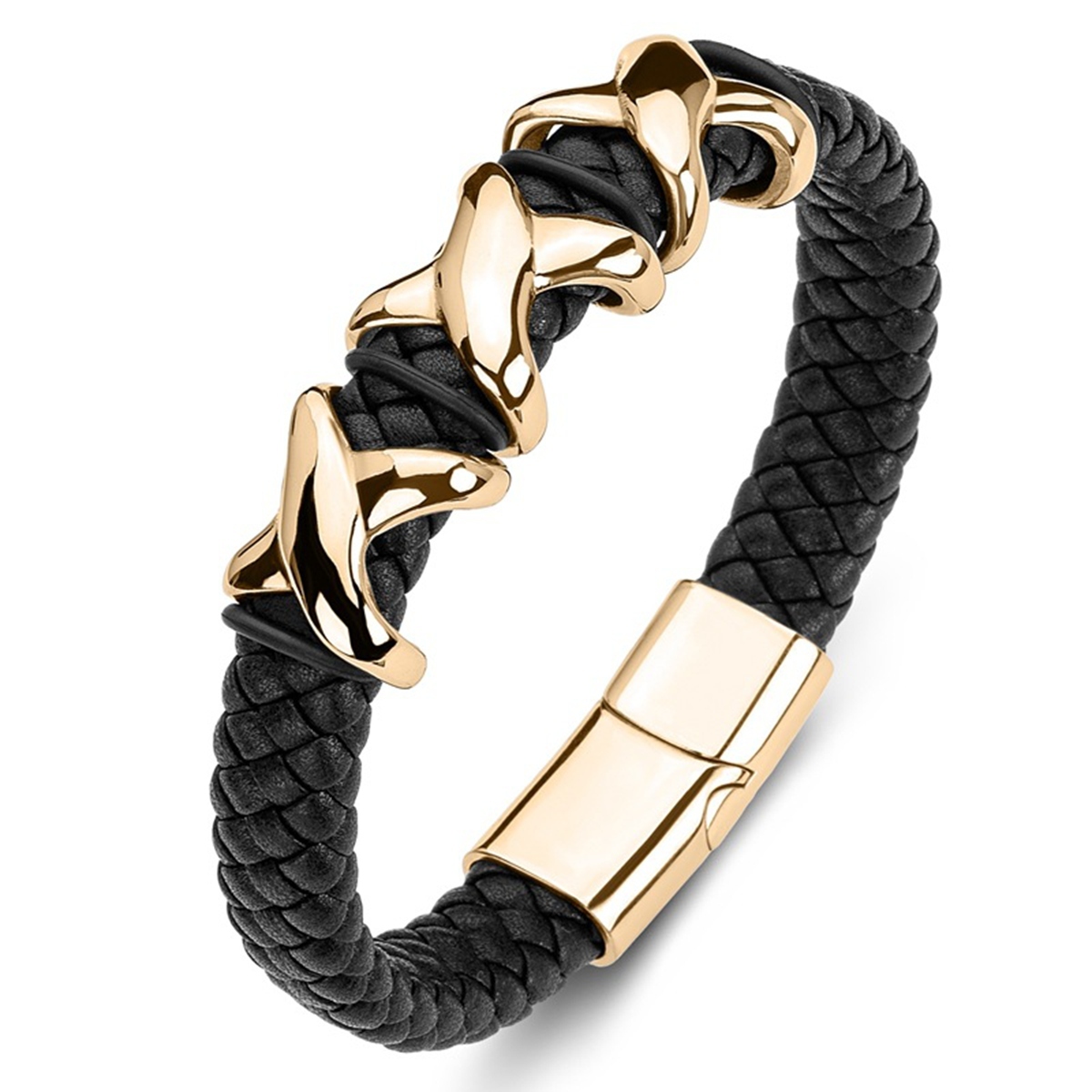 Men's Braided Leather Bracelet X-Style Beads Stainless Steel Clasp Wristband Cuff Rope Bangle for Men Gifts SB2333S