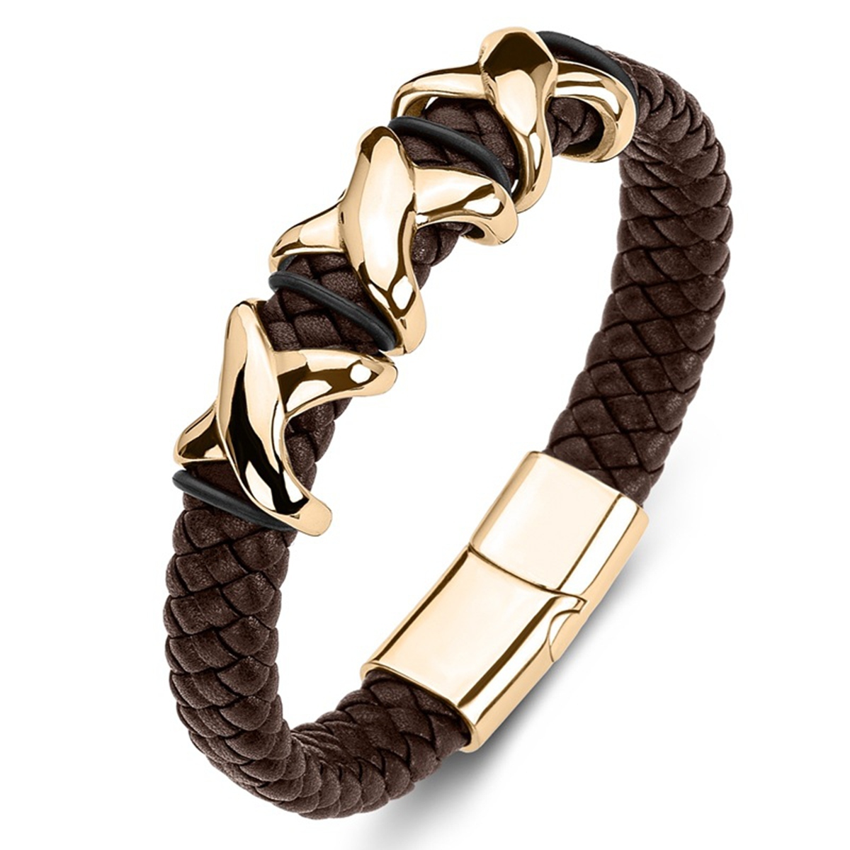 Men's Braided Leather Bracelet X-Style Beads Stainless Steel Clasp Wristband Cuff Rope Bangle for Men Gifts SB2333S