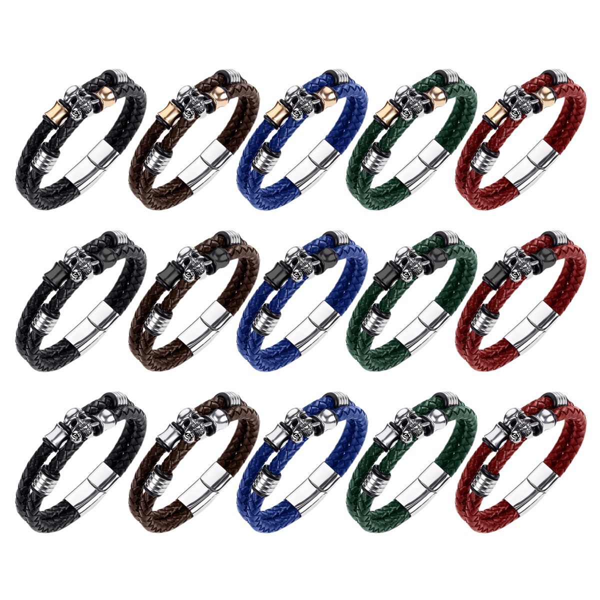 Men's Braided Leather Bracelet Skull Stainless Steel Clasp Wristband Cuff Rope Bangle for Men Gifts SB2333S