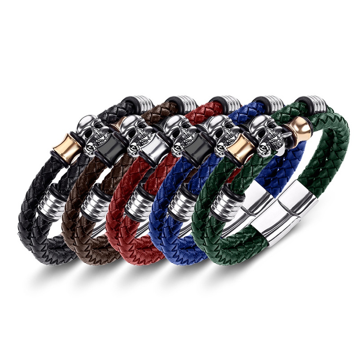 Men's Braided Leather Bracelet Skull Stainless Steel Clasp Wristband Cuff Rope Bangle for Men Gifts SB2333S