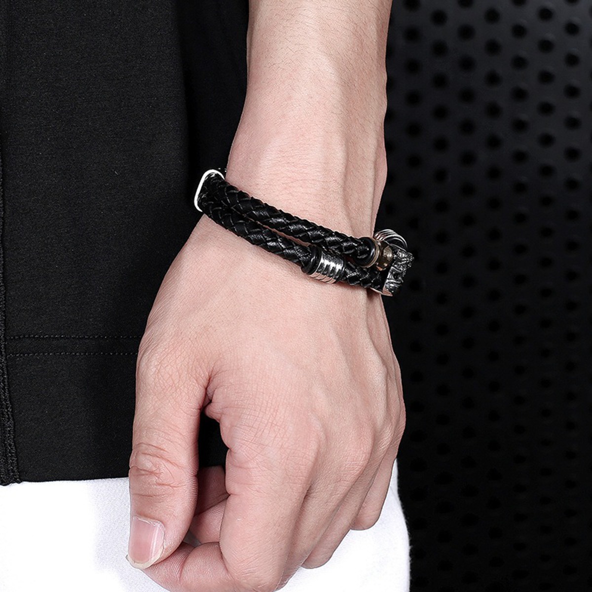 Men's Braided Leather Bracelet Skull Stainless Steel Clasp Wristband Cuff Rope Bangle for Men Gifts SB2333S