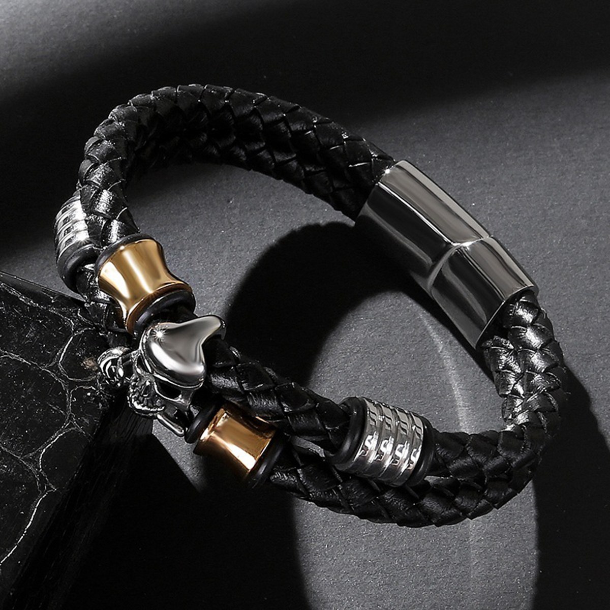 Men's Braided Leather Bracelet Skull Stainless Steel Clasp Wristband Cuff Rope Bangle for Men Gifts SB2333S