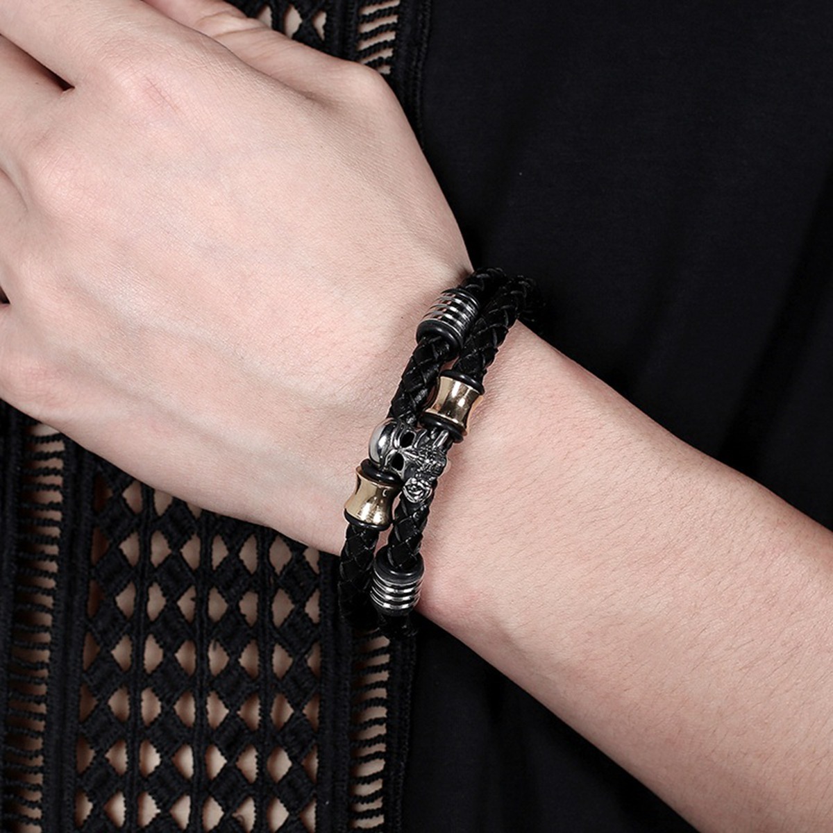 Men's Braided Leather Bracelet Skull Stainless Steel Clasp Wristband Cuff Rope Bangle for Men Gifts SB2333S