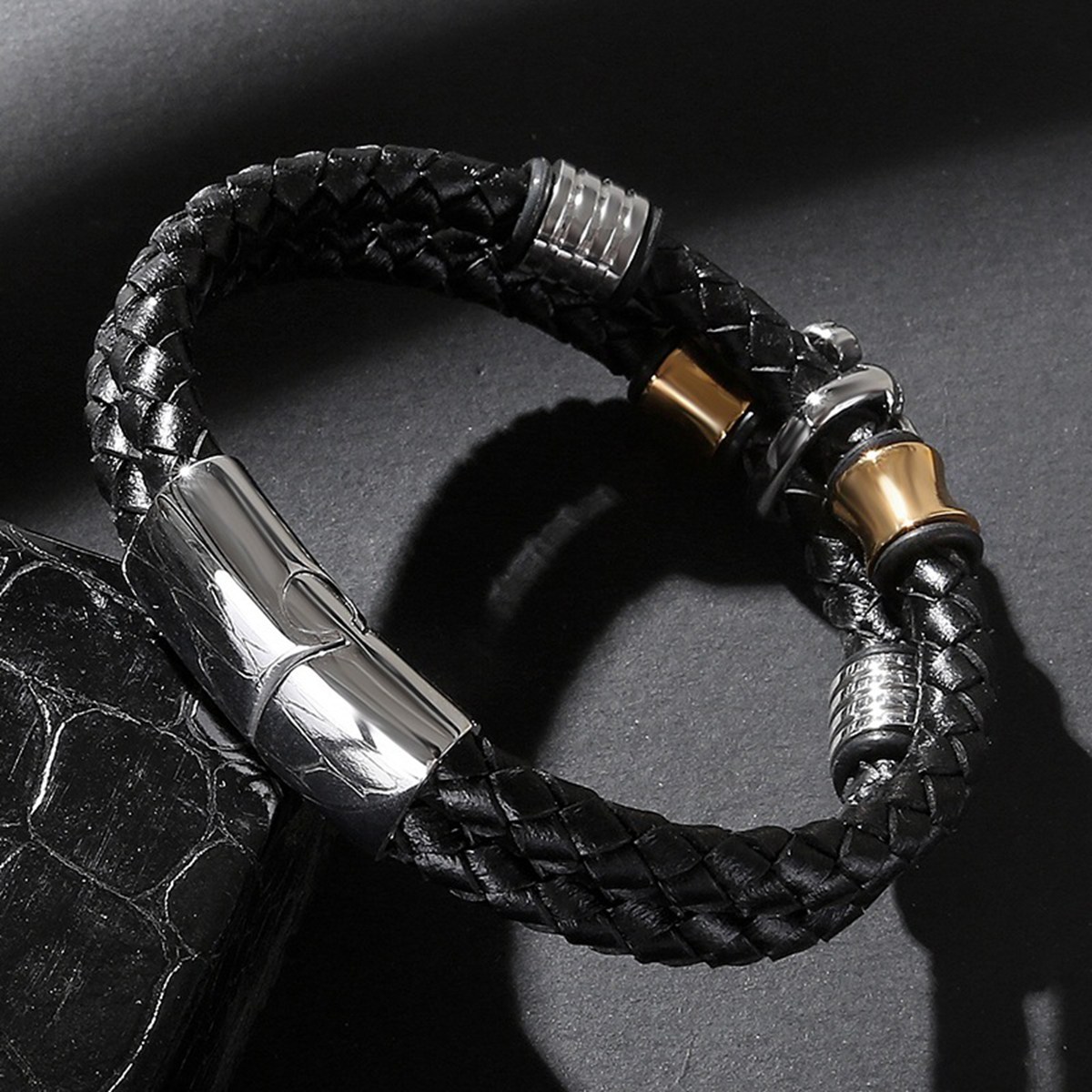 Men's Braided Leather Bracelet Skull Stainless Steel Clasp Wristband Cuff Rope Bangle for Men Gifts SB2333S
