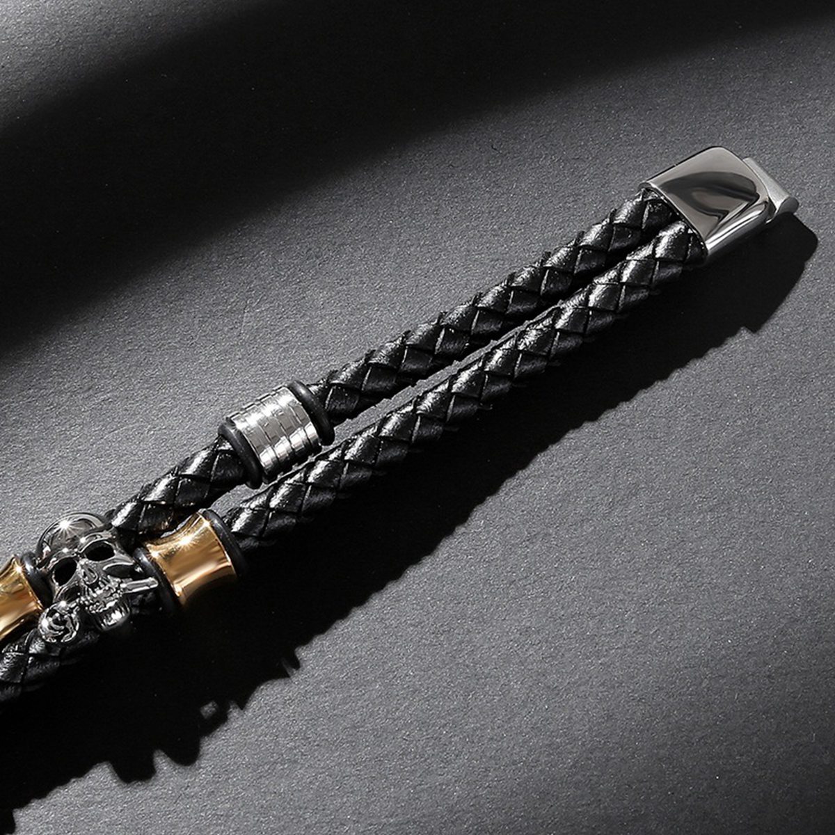 Men's Braided Leather Bracelet Skull Stainless Steel Clasp Wristband Cuff Rope Bangle for Men Gifts SB2333S