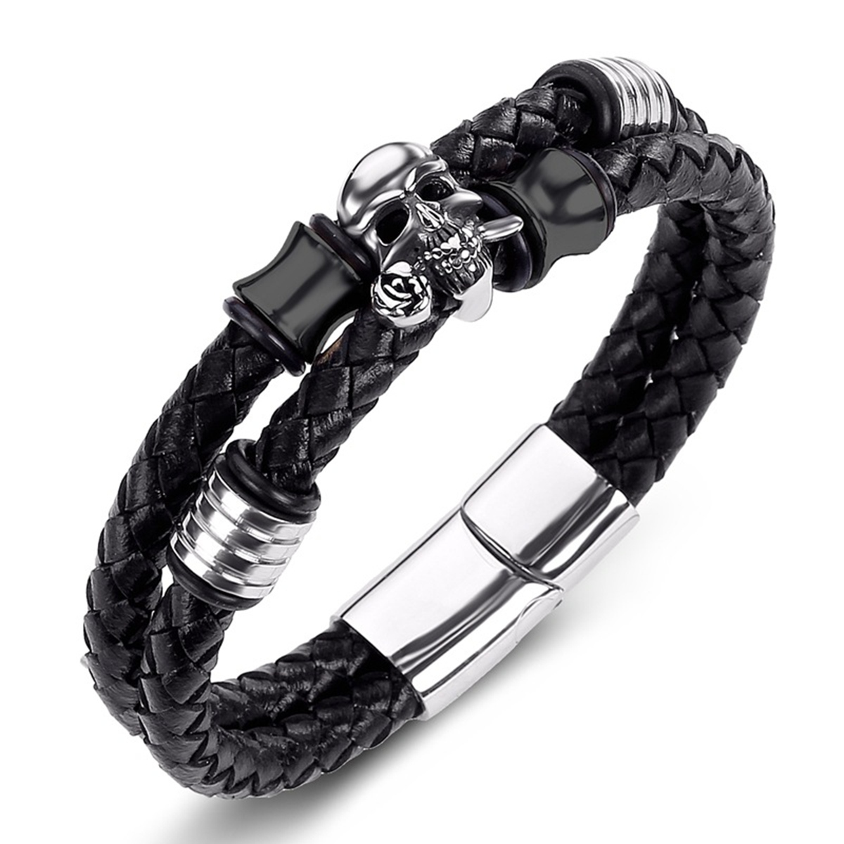 Men's Braided Leather Bracelet Skull Stainless Steel Clasp Wristband Cuff Rope Bangle for Men Gifts SB2333S
