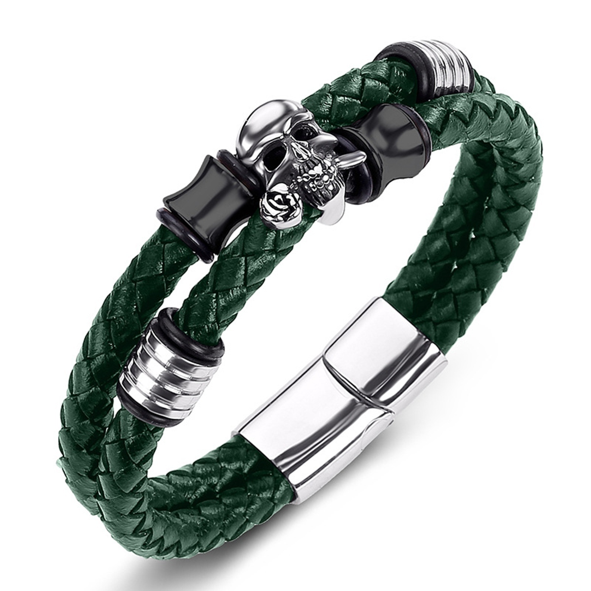 Men's Braided Leather Bracelet Skull Stainless Steel Clasp Wristband Cuff Rope Bangle for Men Gifts SB2333S