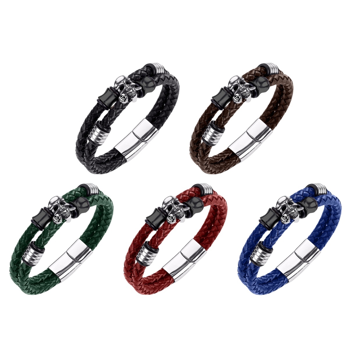 Men's Braided Leather Bracelet Skull Stainless Steel Clasp Wristband Cuff Rope Bangle for Men Gifts SB2333S