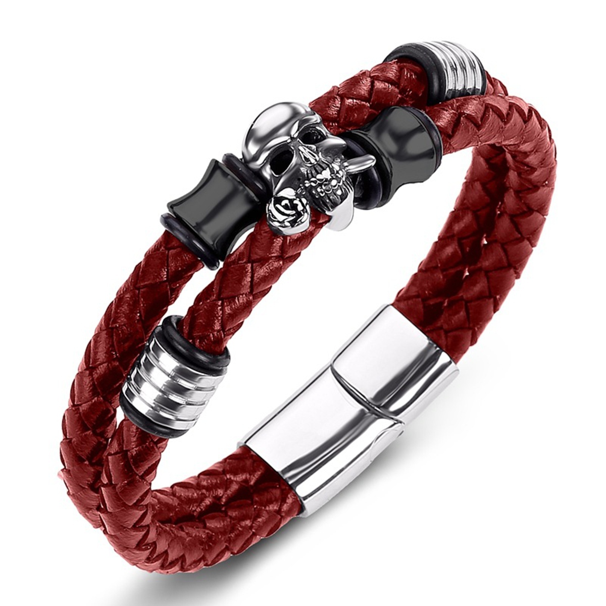 Men's Braided Leather Bracelet Skull Stainless Steel Clasp Wristband Cuff Rope Bangle for Men Gifts SB2333S