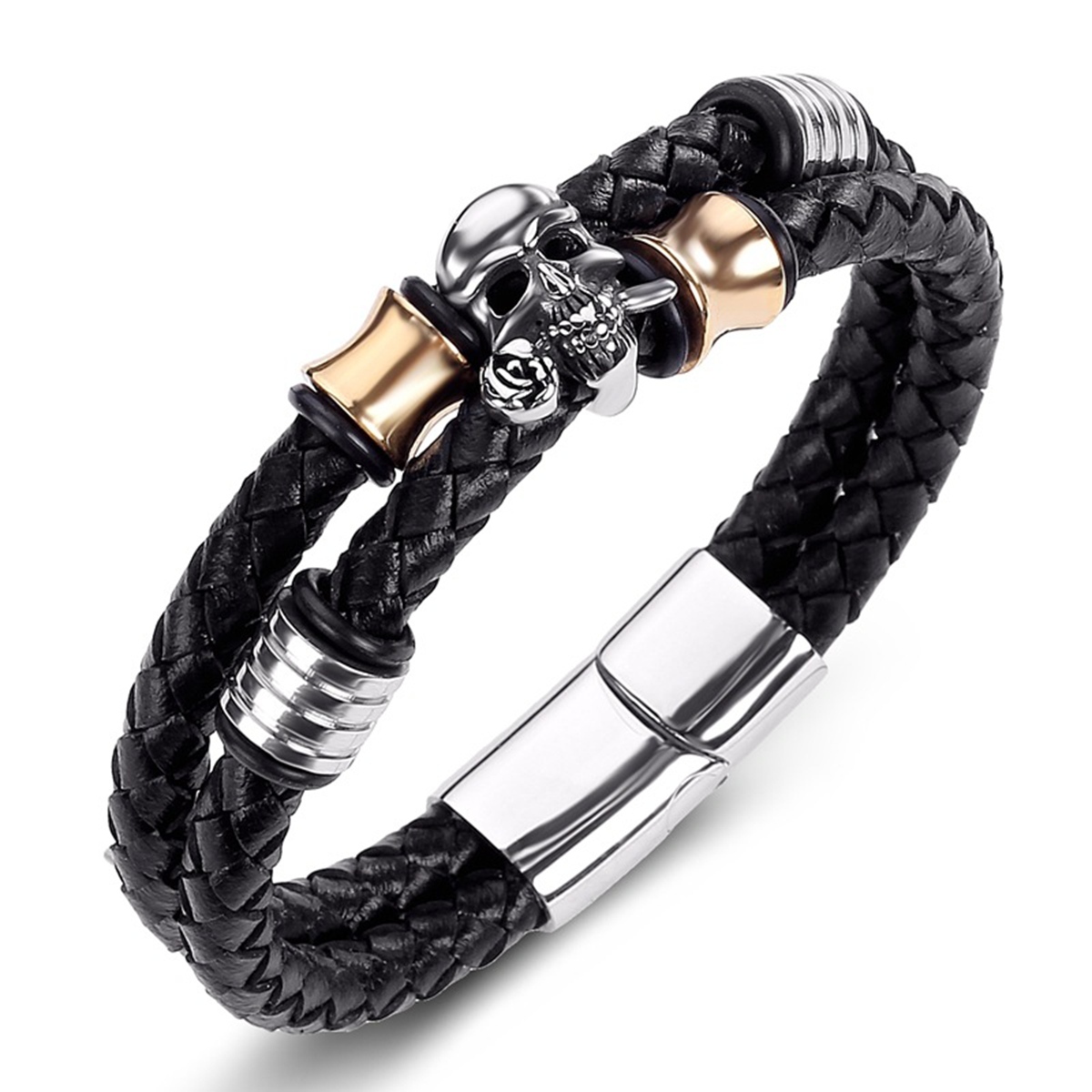 Men's Braided Leather Bracelet Skull Stainless Steel Clasp Wristband Cuff Rope Bangle for Men Gifts SB2333S