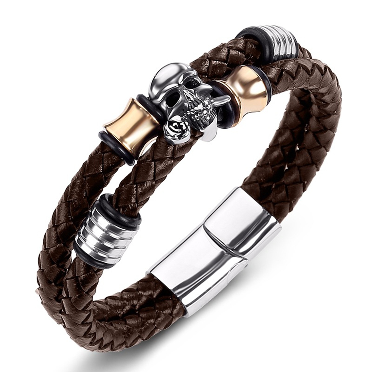 Men's Braided Leather Bracelet Skull Stainless Steel Clasp Wristband Cuff Rope Bangle for Men Gifts SB2333S