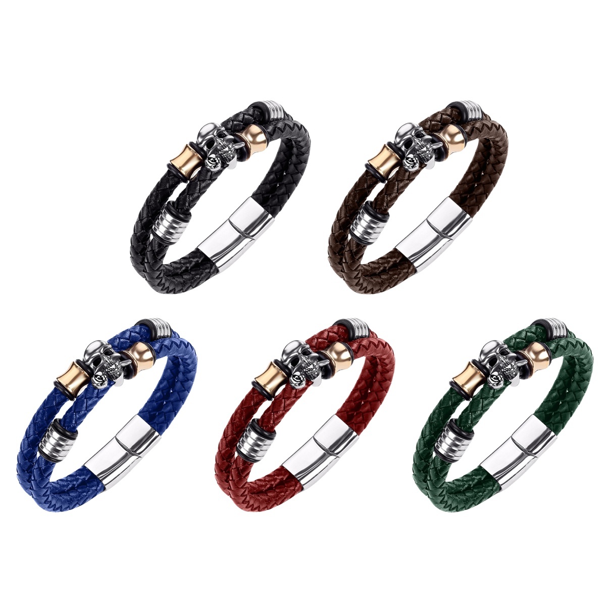 Men's Braided Leather Bracelet Skull Stainless Steel Clasp Wristband Cuff Rope Bangle for Men Gifts SB2333S