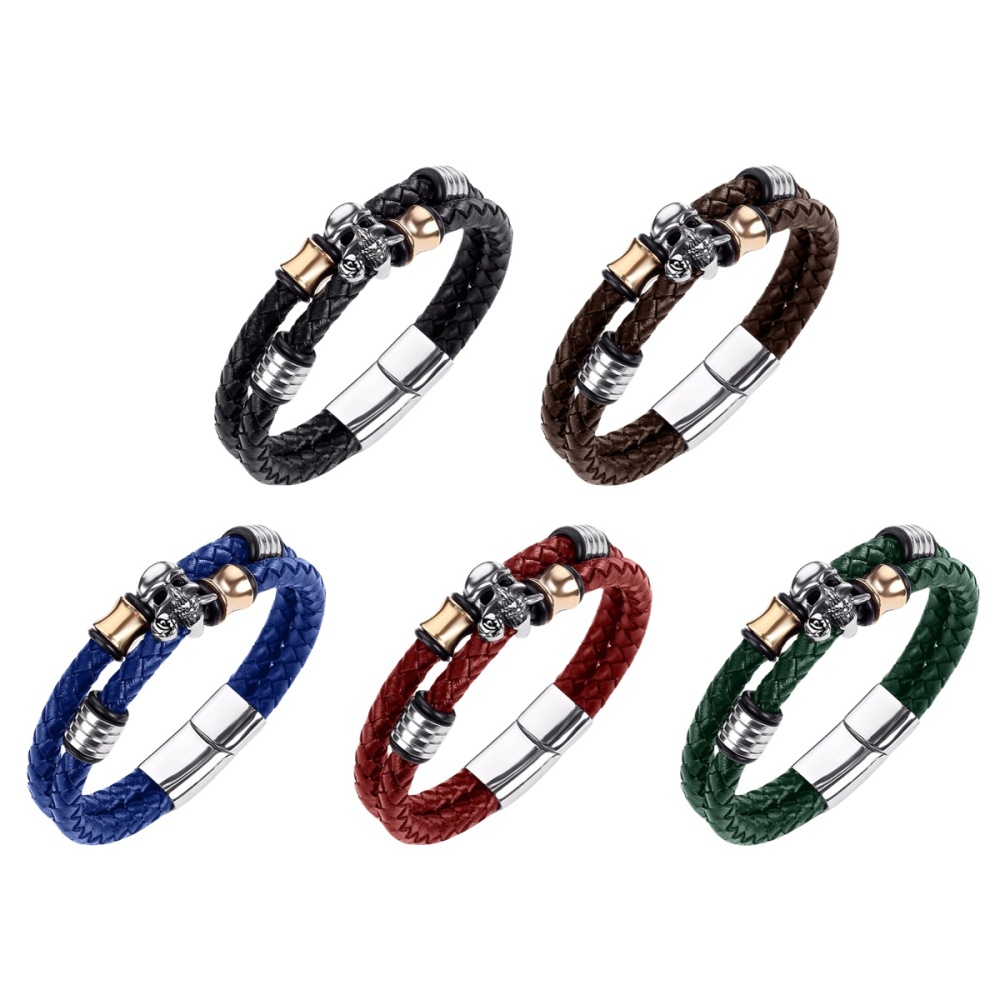 Men's Braided Leather Bracelet Skull Stainless Steel Clasp Wristband Cuff Rope Bangle for Men Gifts SB2333S