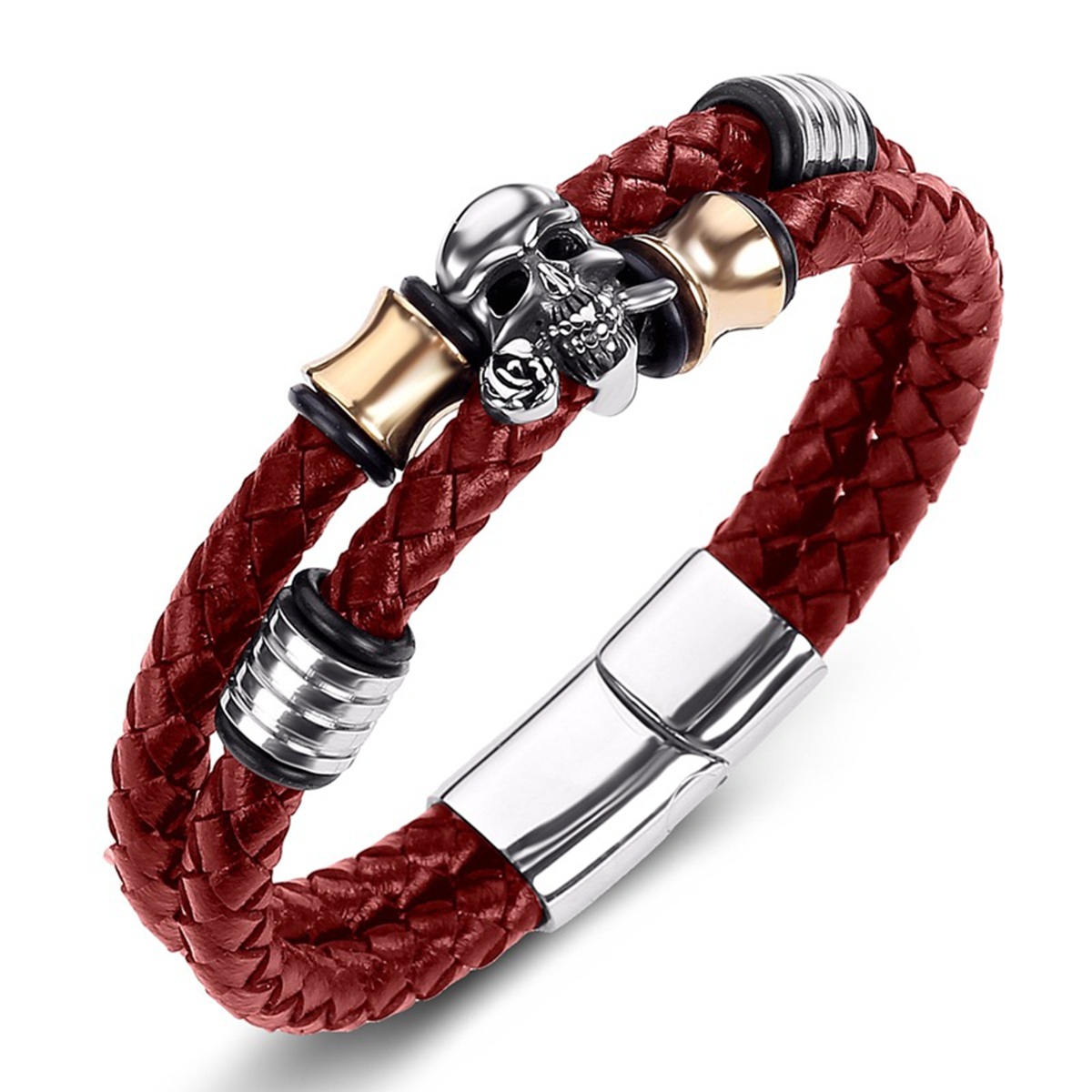 Men's Braided Leather Bracelet Skull Stainless Steel Clasp Wristband Cuff Rope Bangle for Men Gifts SB2333S