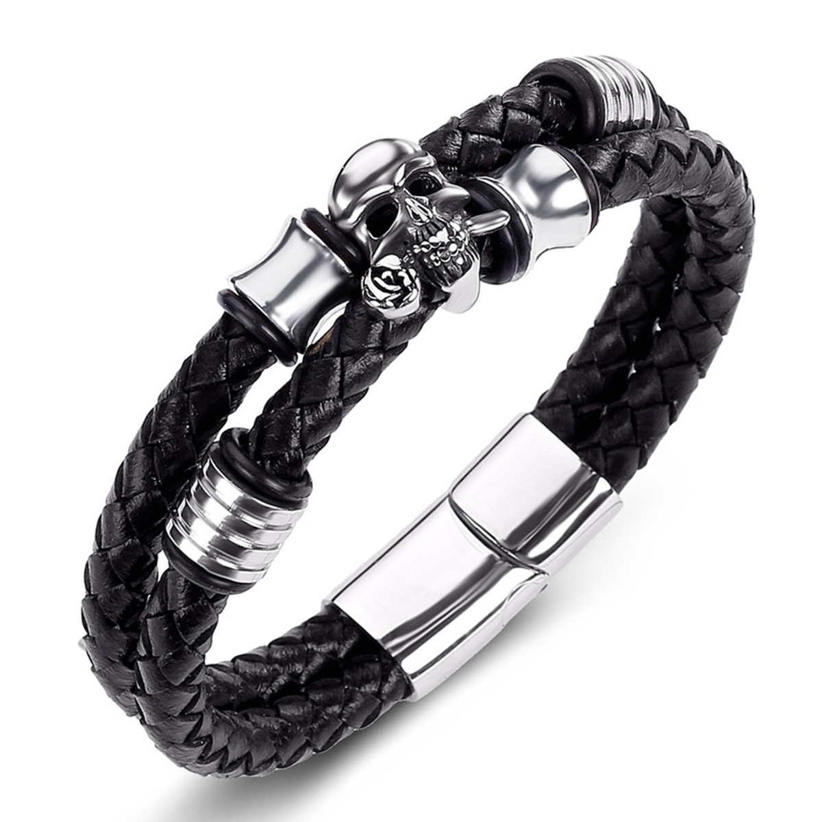 Men's Braided Leather Bracelet Skull Stainless Steel Clasp Wristband Cuff Rope Bangle for Men Gifts SB2333S