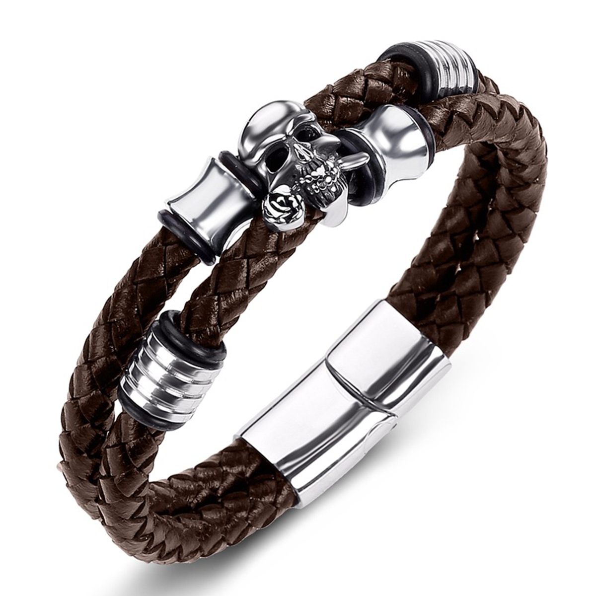 Men's Braided Leather Bracelet Skull Stainless Steel Clasp Wristband Cuff Rope Bangle for Men Gifts SB2333S