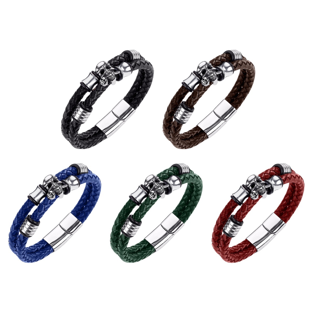 Men's Braided Leather Bracelet Skull Stainless Steel Clasp Wristband Cuff Rope Bangle for Men Gifts SB2333S