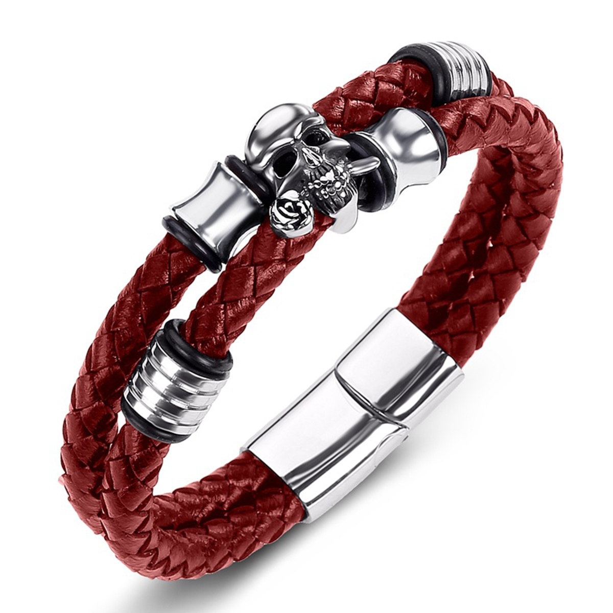 Men's Braided Leather Bracelet Skull Stainless Steel Clasp Wristband Cuff Rope Bangle for Men Gifts SB2333S