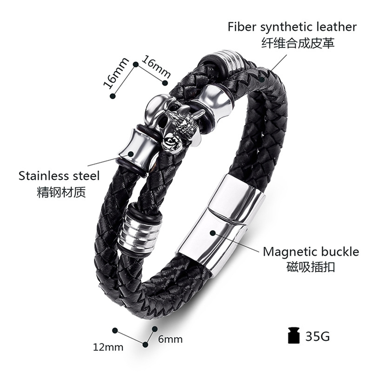 Men's Braided Leather Bracelet Skull Stainless Steel Clasp Wristband Cuff Rope Bangle for Men Gifts SB2333S