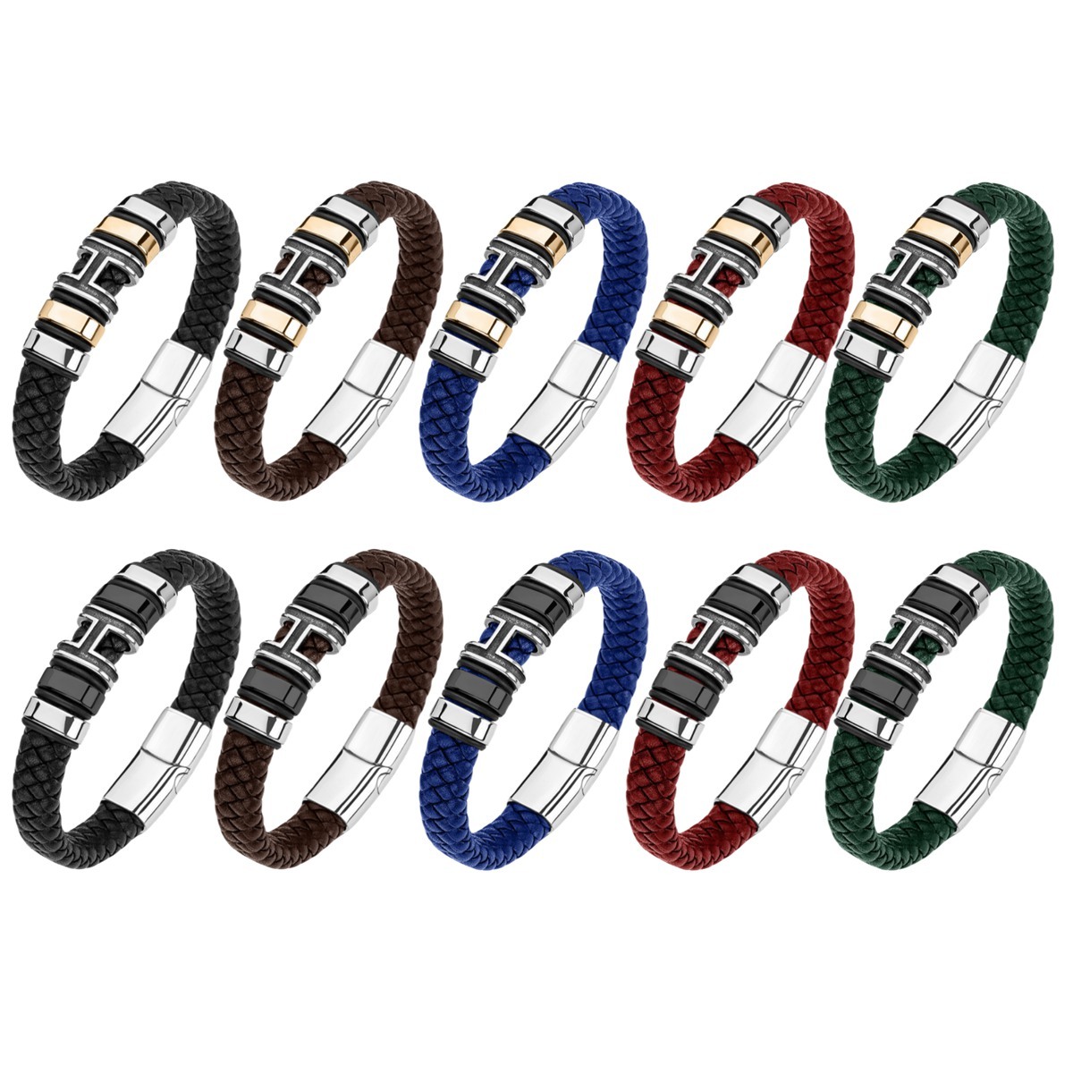 Men's Braided Leather Bracelet H-Style Beads Stainless Steel Clasp Wristband Cuff Rope Bangle for Men Gifts SB2333S
