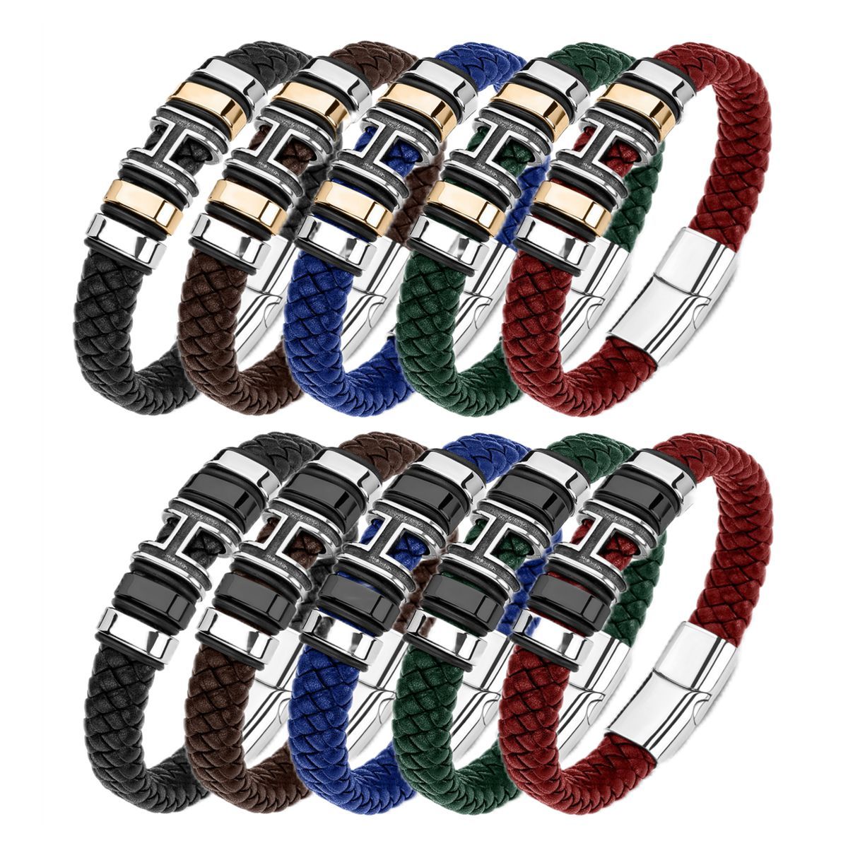 Men's Braided Leather Bracelet H-Style Beads Stainless Steel Clasp Wristband Cuff Rope Bangle for Men Gifts SB2333S