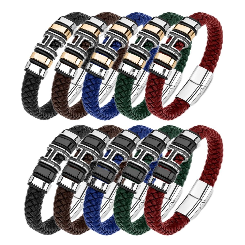 Men's Braided Leather Bracelet H-Style Beads Stainless Steel Clasp Wristband Cuff Rope Bangle for Men Gifts SB2333S
