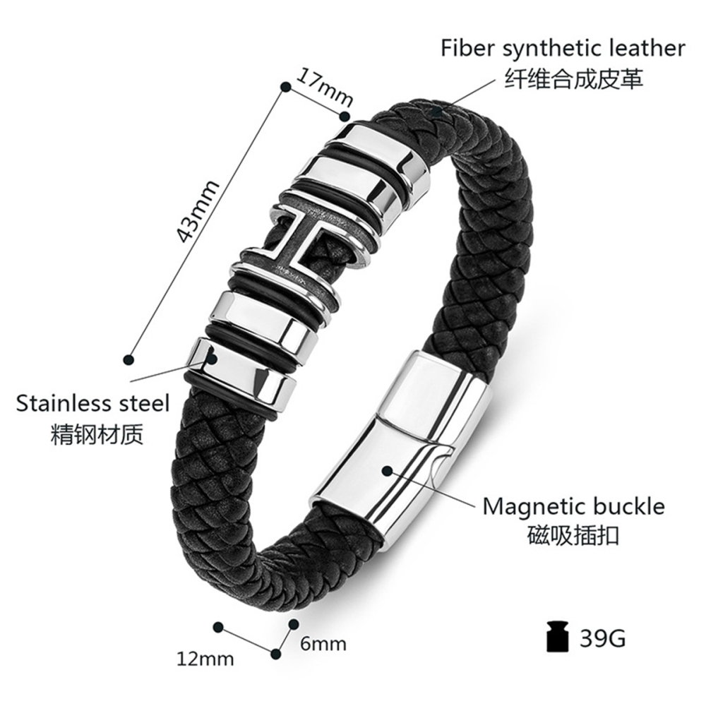 Men's Braided Leather Bracelet H-Style Beads Stainless Steel Clasp Wristband Cuff Rope Bangle for Men Gifts SB2333S