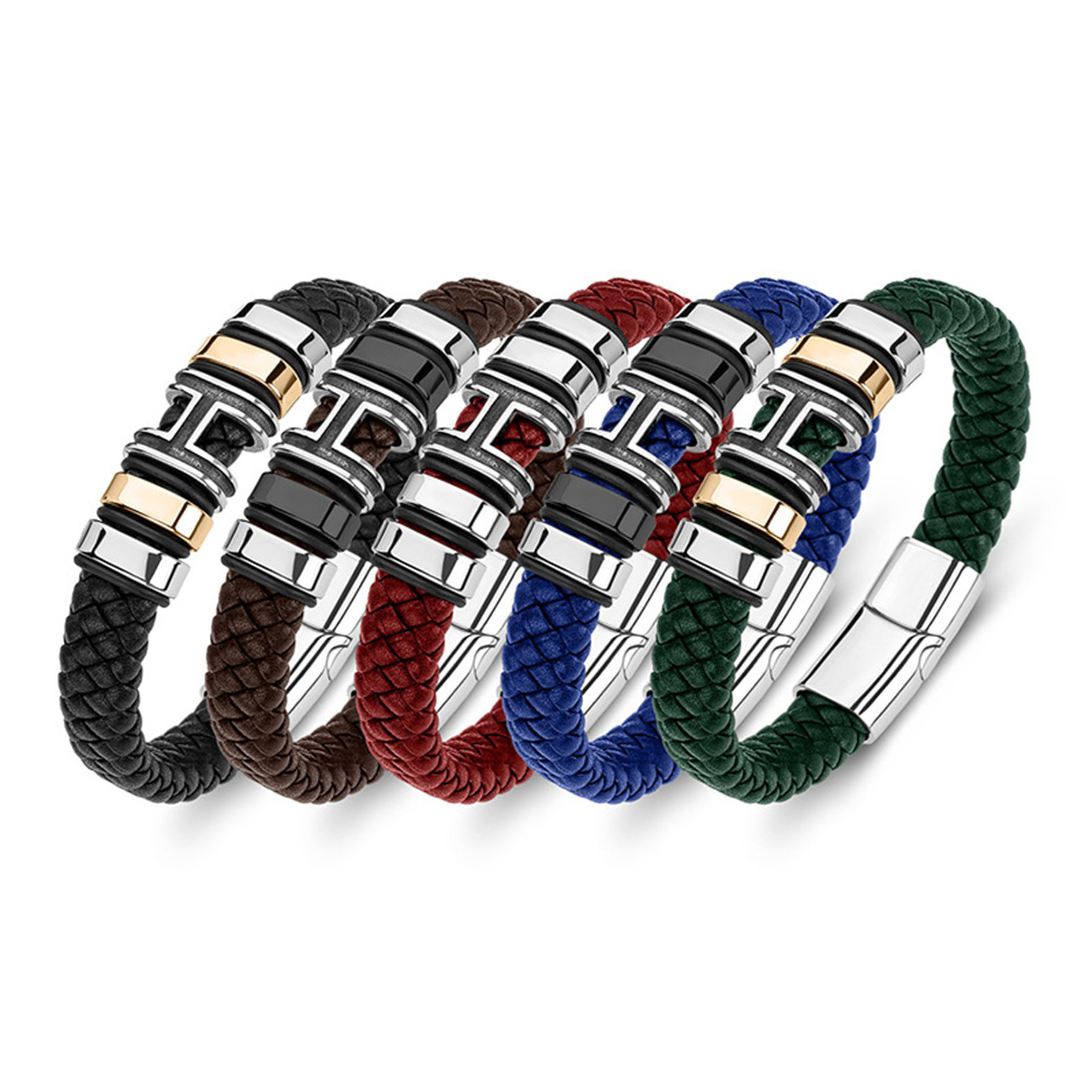 Men's Braided Leather Bracelet H-Style Beads Stainless Steel Clasp Wristband Cuff Rope Bangle for Men Gifts SB2333S