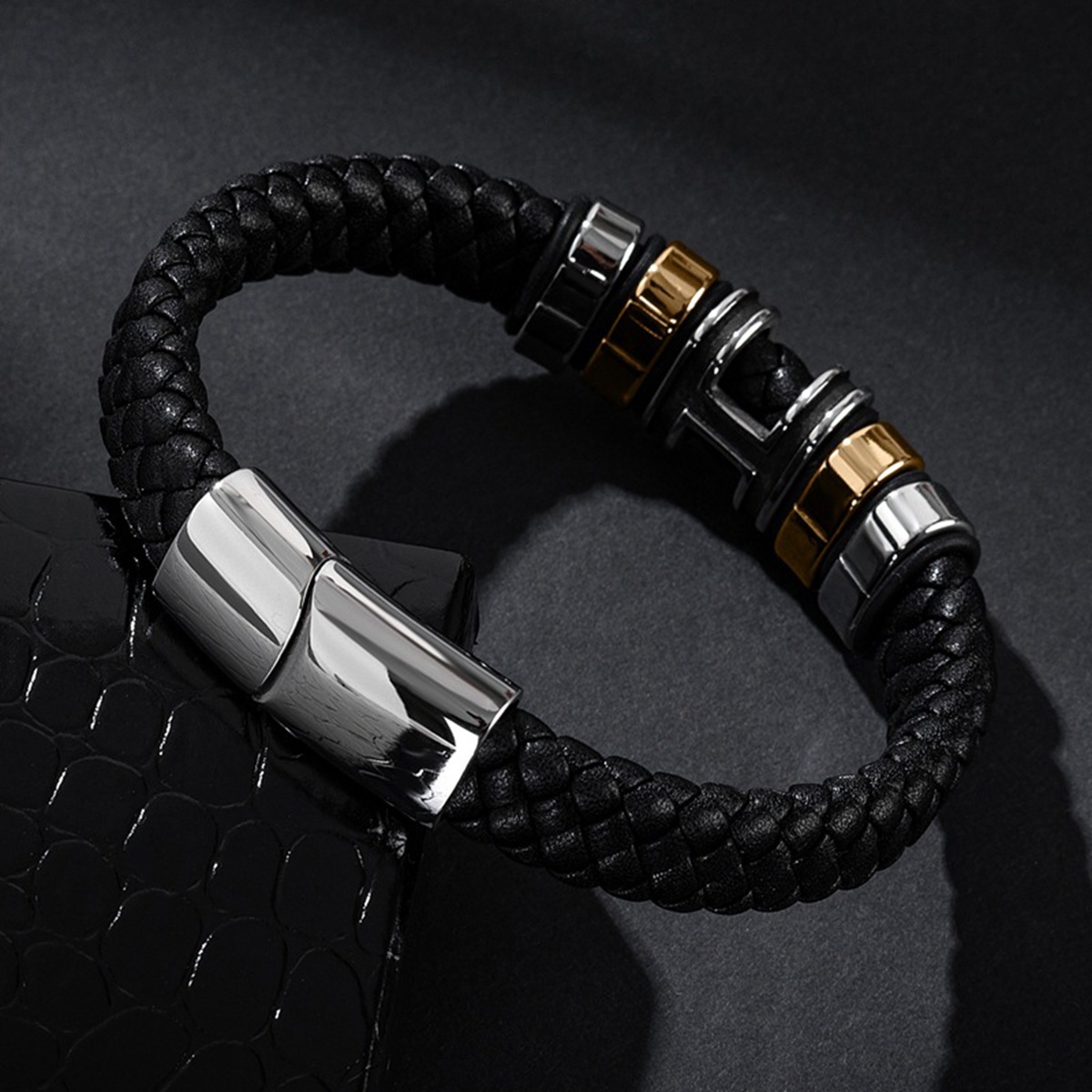 Men's Braided Leather Bracelet H-Style Beads Stainless Steel Clasp Wristband Cuff Rope Bangle for Men Gifts SB2333S