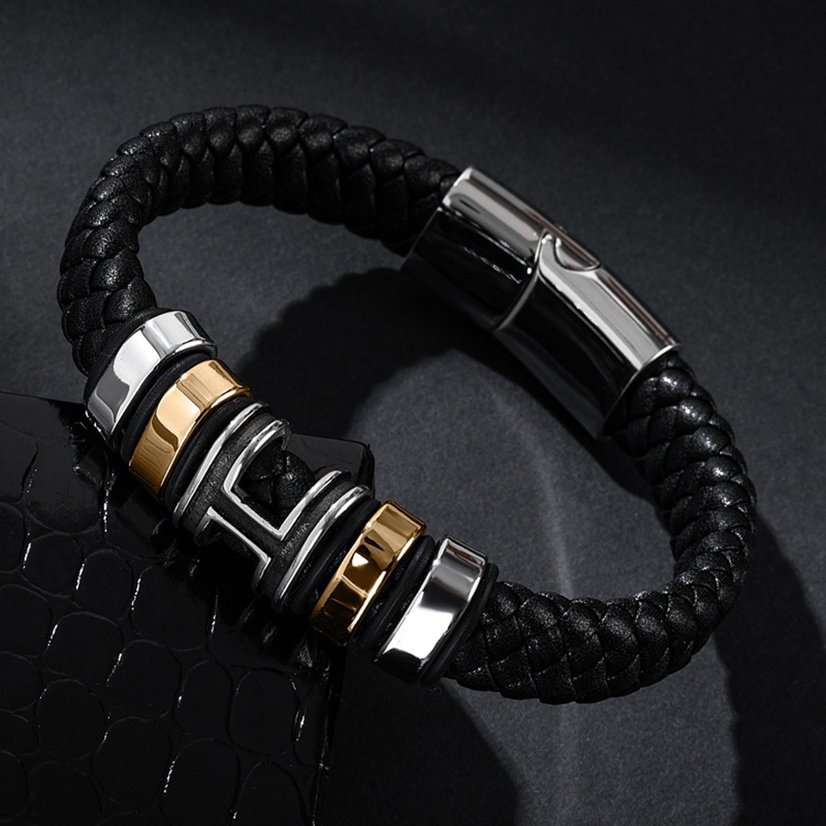 Men's Braided Leather Bracelet H-Style Beads Stainless Steel Clasp Wristband Cuff Rope Bangle for Men Gifts SB2333S