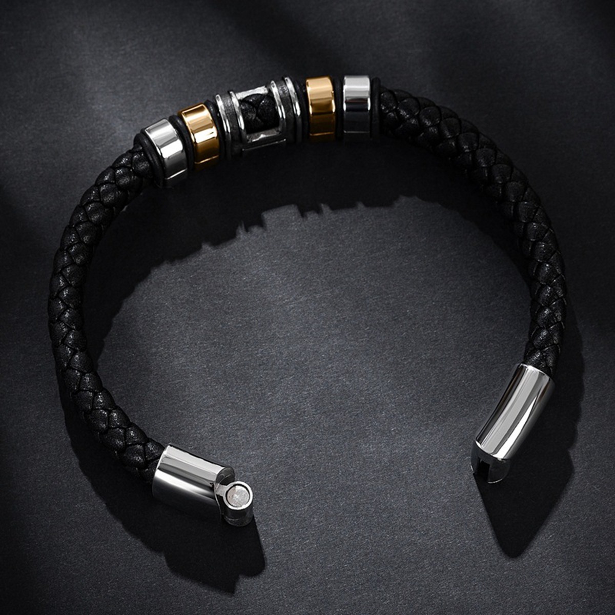 Men's Braided Leather Bracelet H-Style Beads Stainless Steel Clasp Wristband Cuff Rope Bangle for Men Gifts SB2333S