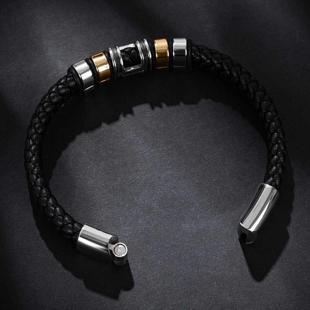Men's Braided Leather Bracelet H-Style Beads Stainless Steel Clasp Wristband Cuff Rope Bangle for Men Gifts SB2333S