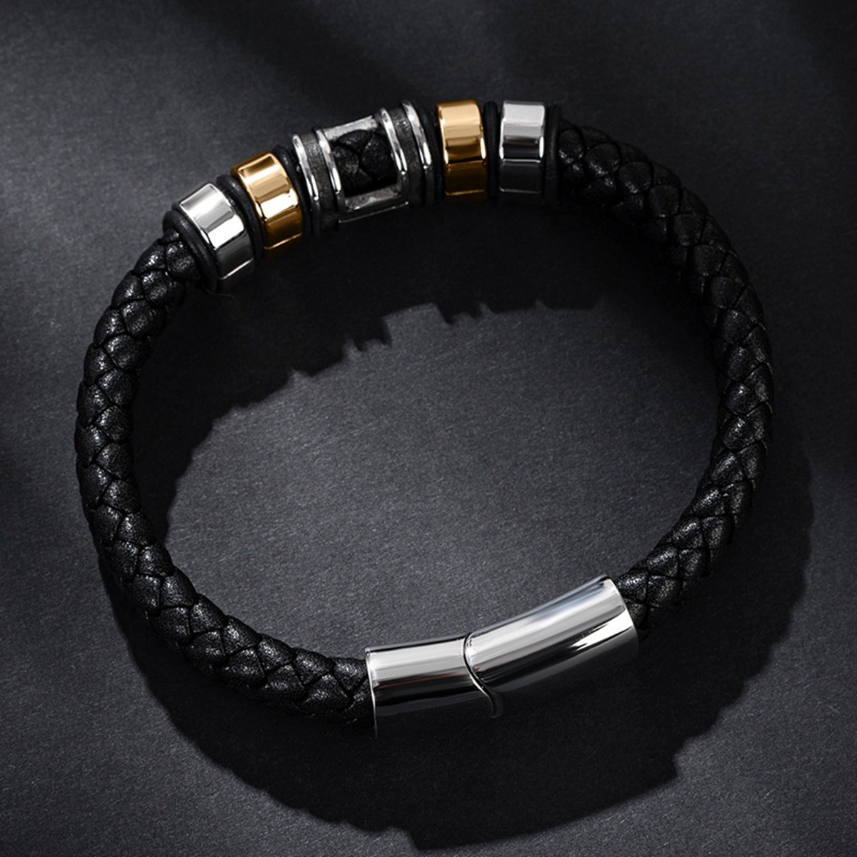 Men's Braided Leather Bracelet H-Style Beads Stainless Steel Clasp Wristband Cuff Rope Bangle for Men Gifts SB2333S