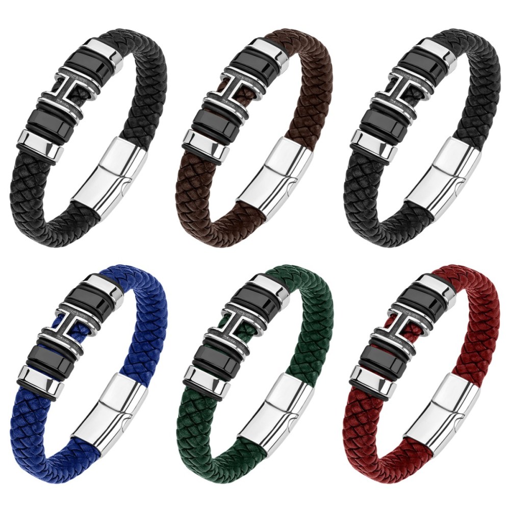 Men's Braided Leather Bracelet H-Style Beads Stainless Steel Clasp Wristband Cuff Rope Bangle for Men Gifts SB2333S