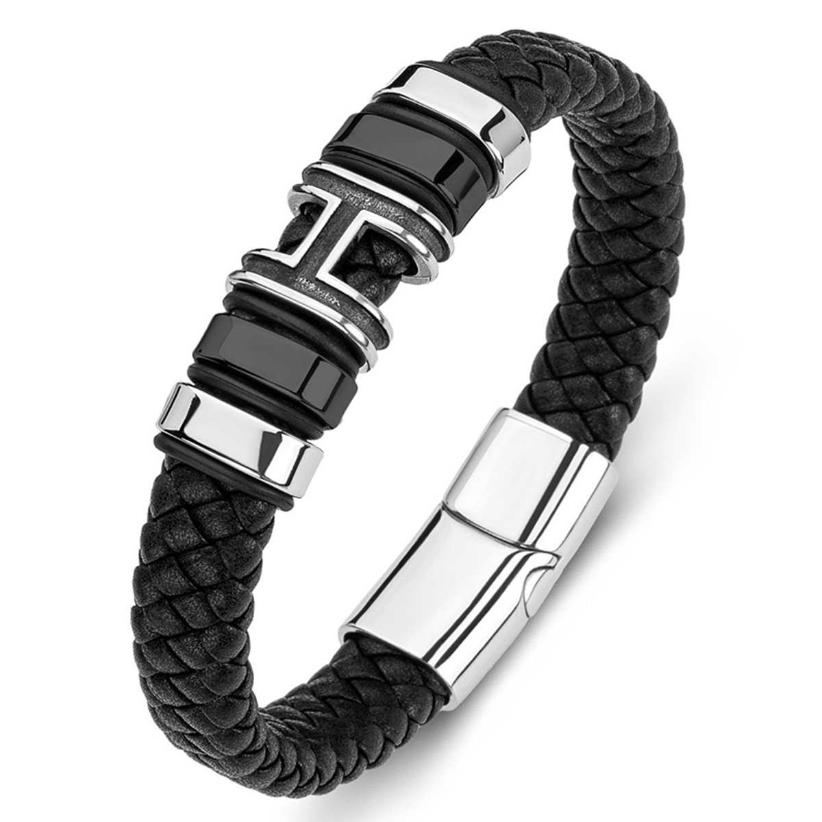 Men's Braided Leather Bracelet H-Style Beads Stainless Steel Clasp Wristband Cuff Rope Bangle for Men Gifts SB2333S