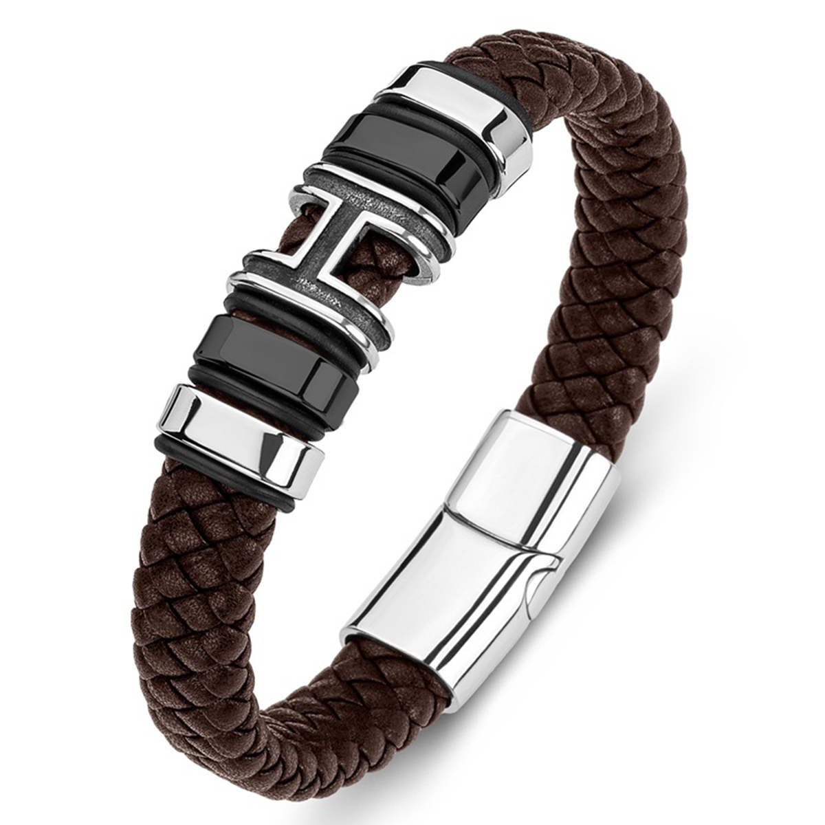 Men's Braided Leather Bracelet H-Style Beads Stainless Steel Clasp Wristband Cuff Rope Bangle for Men Gifts SB2333S
