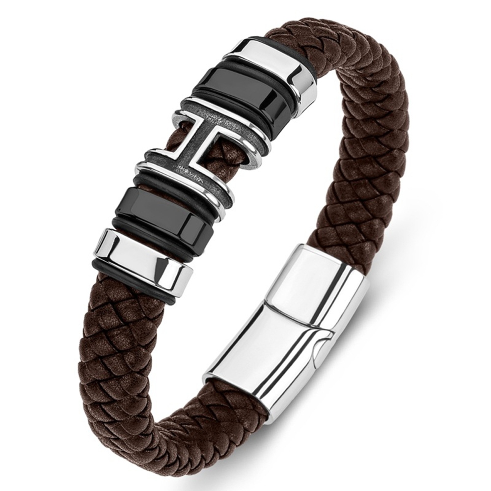 Men's Braided Leather Bracelet H-Style Beads Stainless Steel Clasp Wristband Cuff Rope Bangle for Men Gifts SB2333S