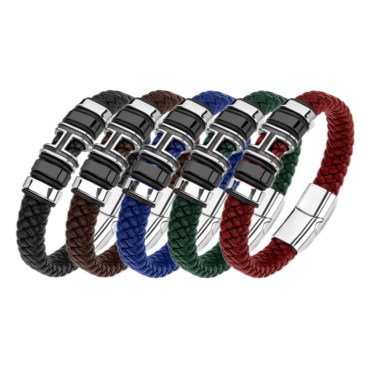 Men's Braided Leather Bracelet H-Style Beads Stainless Steel Clasp Wristband Cuff Rope Bangle for Men Gifts SB2333S