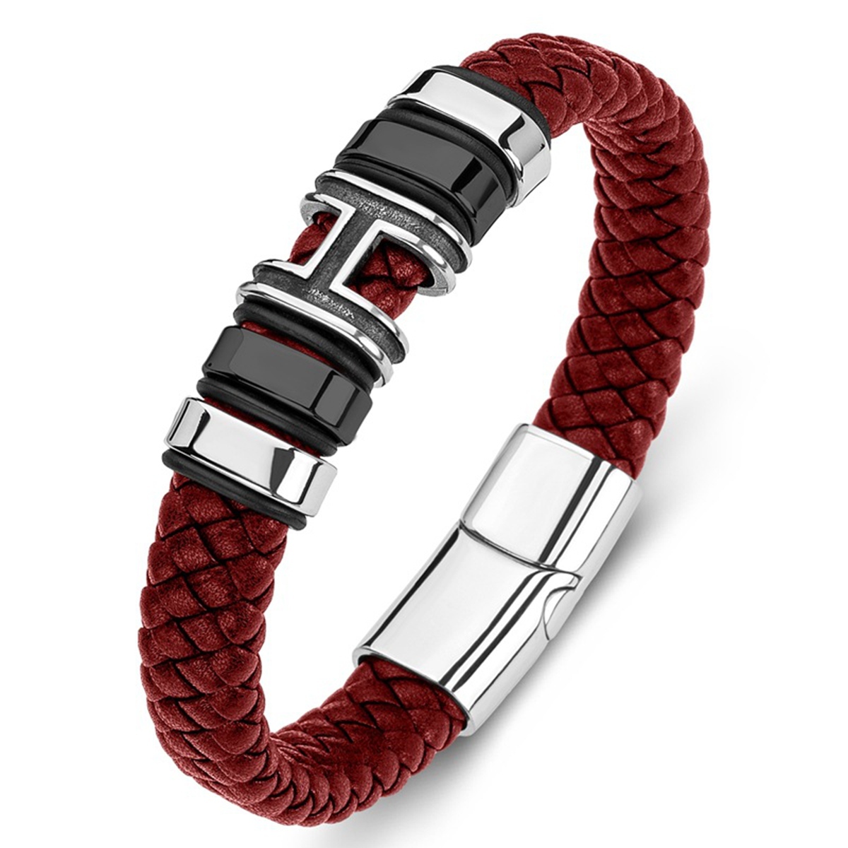 Men's Braided Leather Bracelet H-Style Beads Stainless Steel Clasp Wristband Cuff Rope Bangle for Men Gifts SB2333S